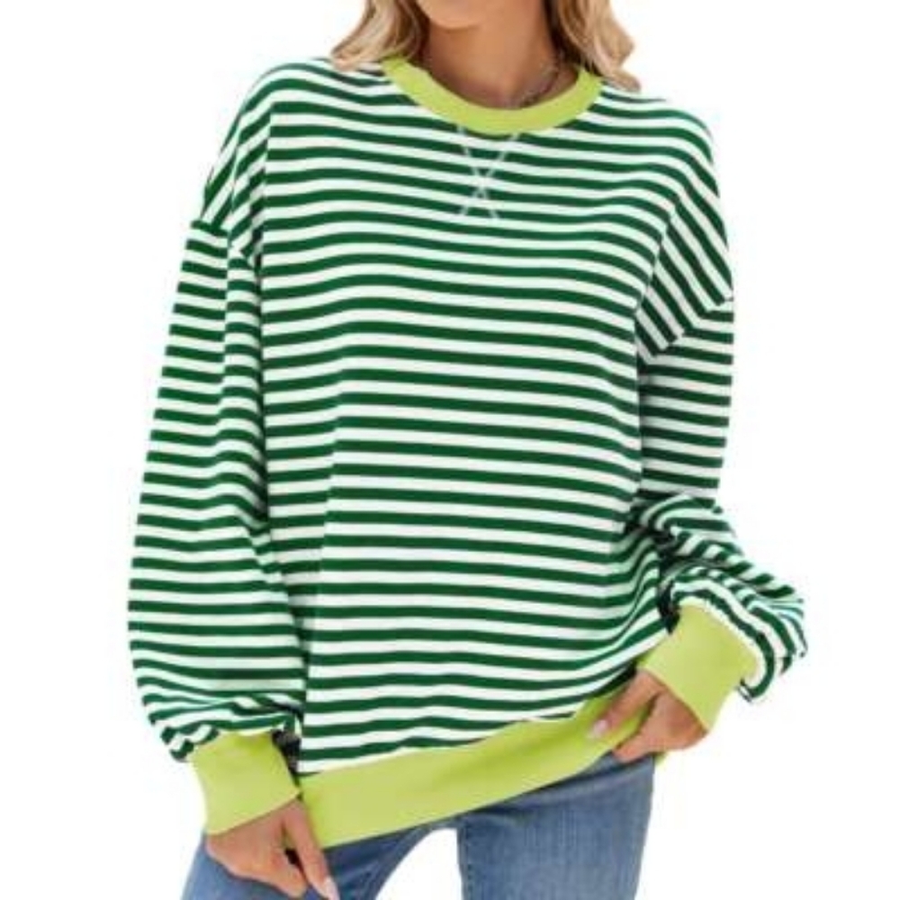 Striped Green and White Long Sleeve V Neck Sweater Women's Size XL